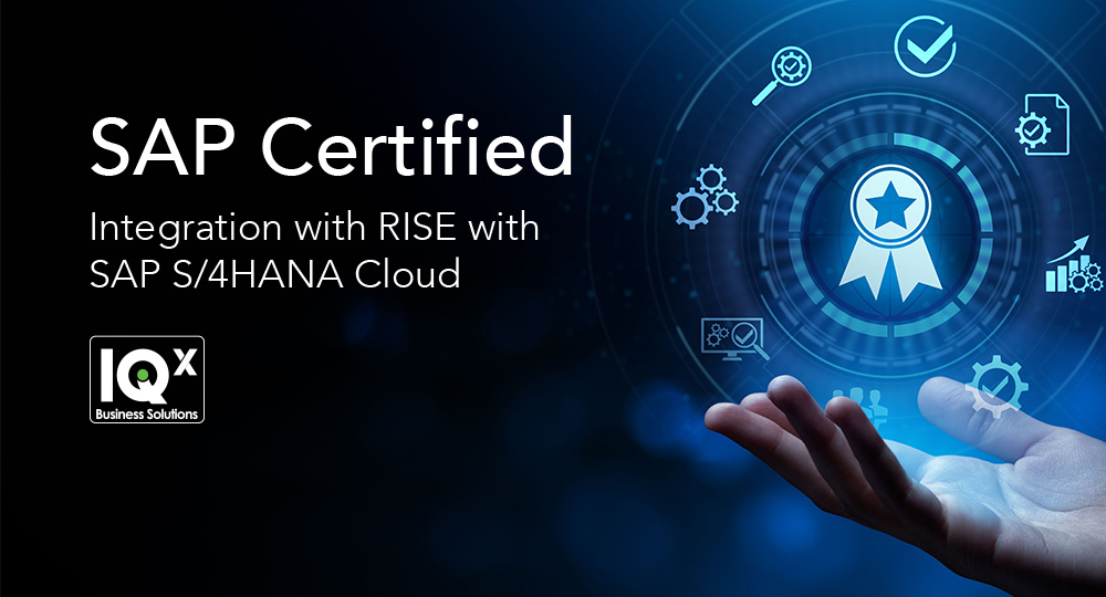Hand holding a ribbon with left-aligned text "SAP Certification - Integration with RISE with SAP S/4HANA Cloud".