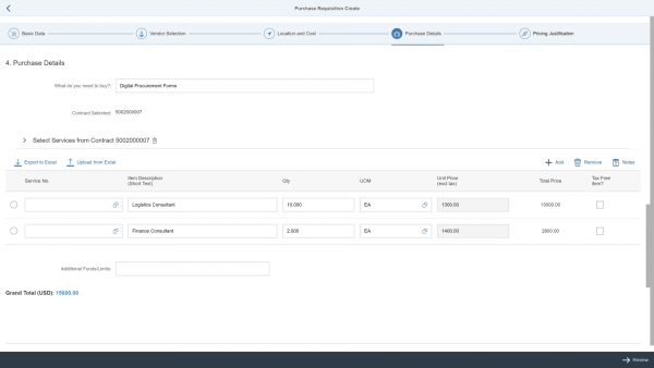 Purchase Request form on SAP Fiori App