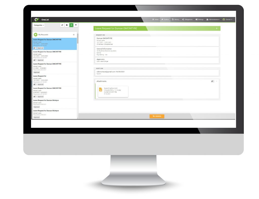 OneList Approval Management Outbox screen IQX OneList New Features Screen V7.1.1