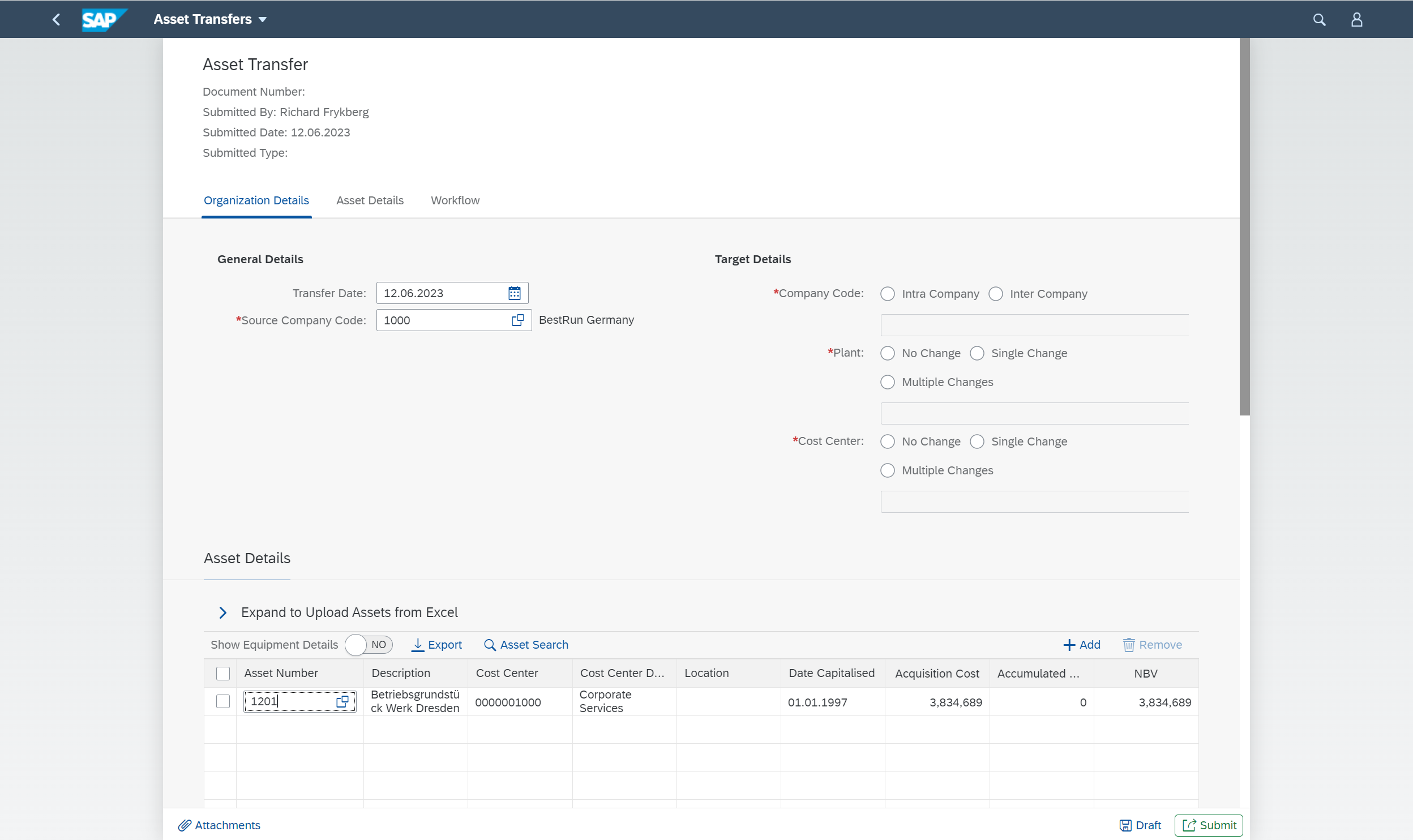 ScreenShot of Fixed Asset Transfer SAP Fiori App for Fixed Asset Management