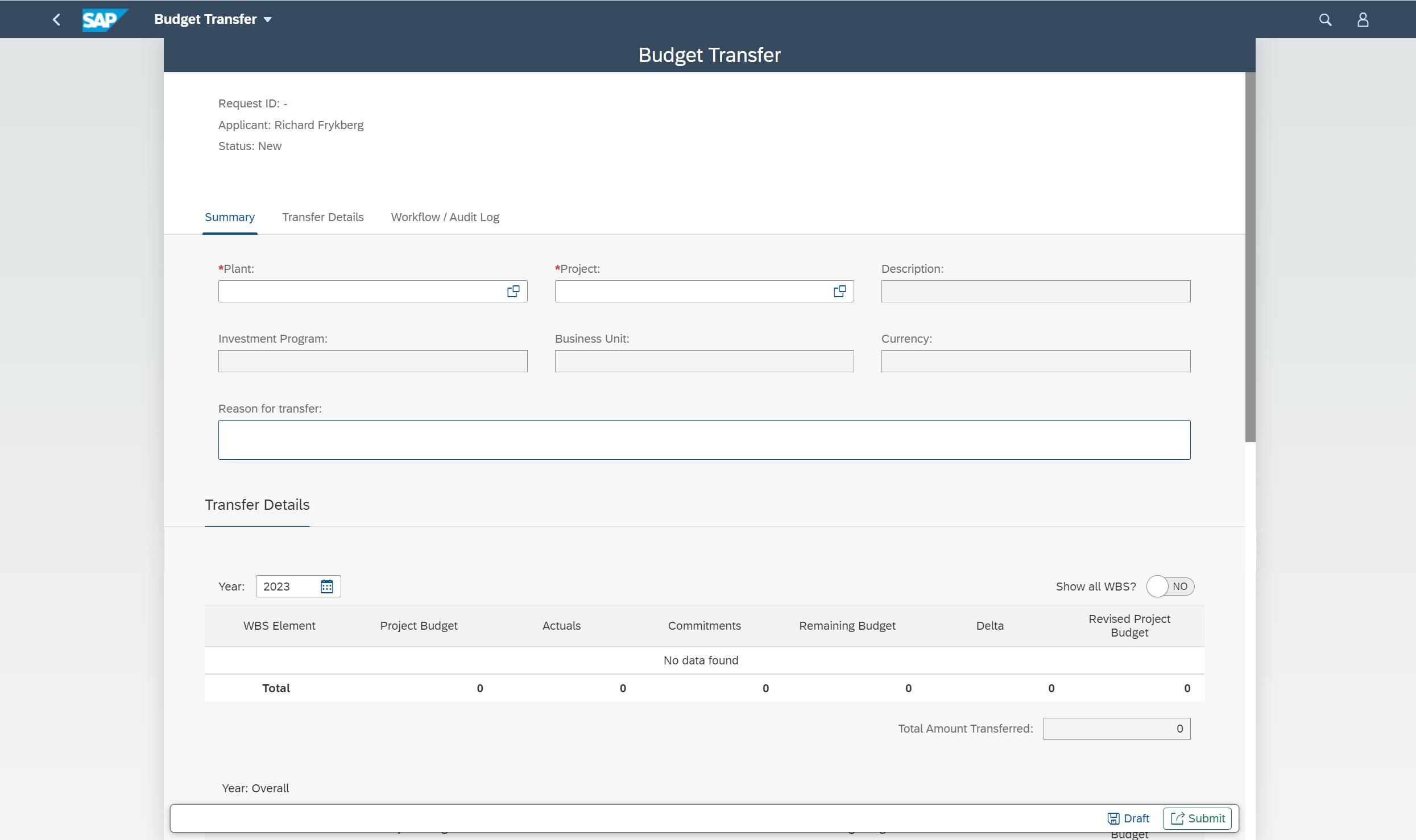 Screenshot of Budget Transfer SAP Fiori App for Project Controls
