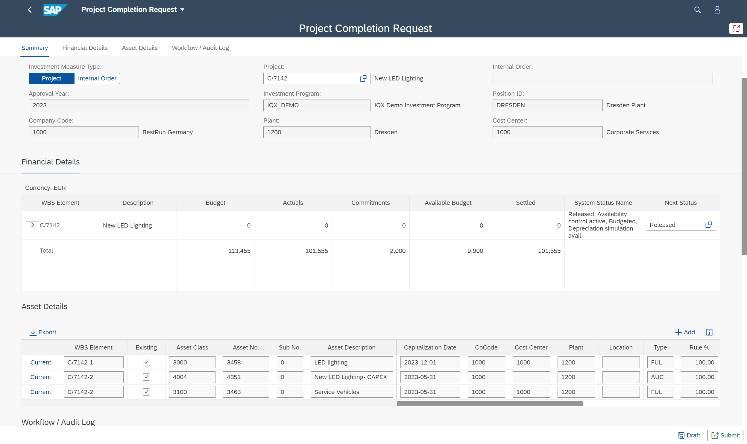 Screenshot of Project Completion SAP Fiori App for Capital Project Controls