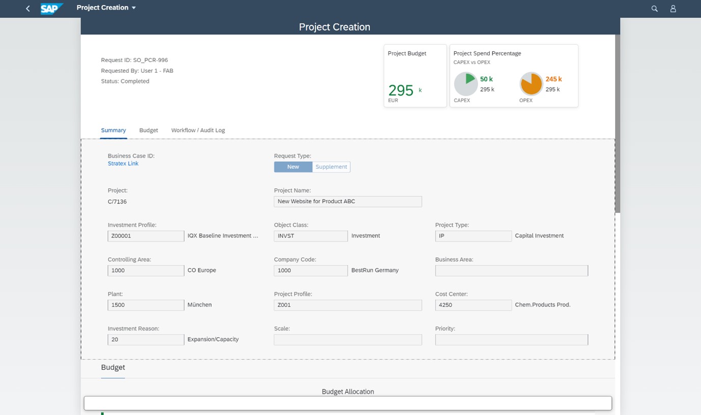 Screenshot of Project Creation SAP Fiori App for Project Controls