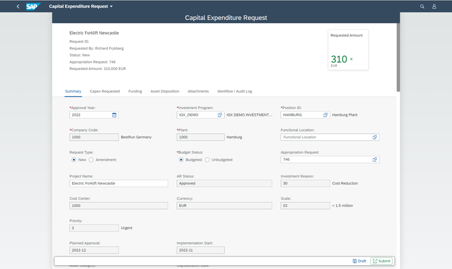 Screenshot of Capital Expenditure Request SAP Fiori App