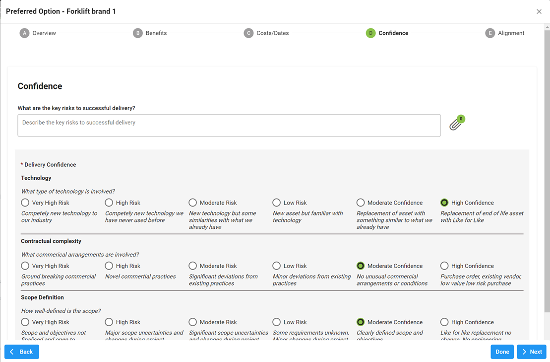 Screenshot showing how Stratex Online allows you to assess implementation risk using questionnaires in capital planning
