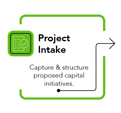 Project intake stage within project portfolio management, capturing and structuring proposed capital initiatives for consistent portfolio evaluation.