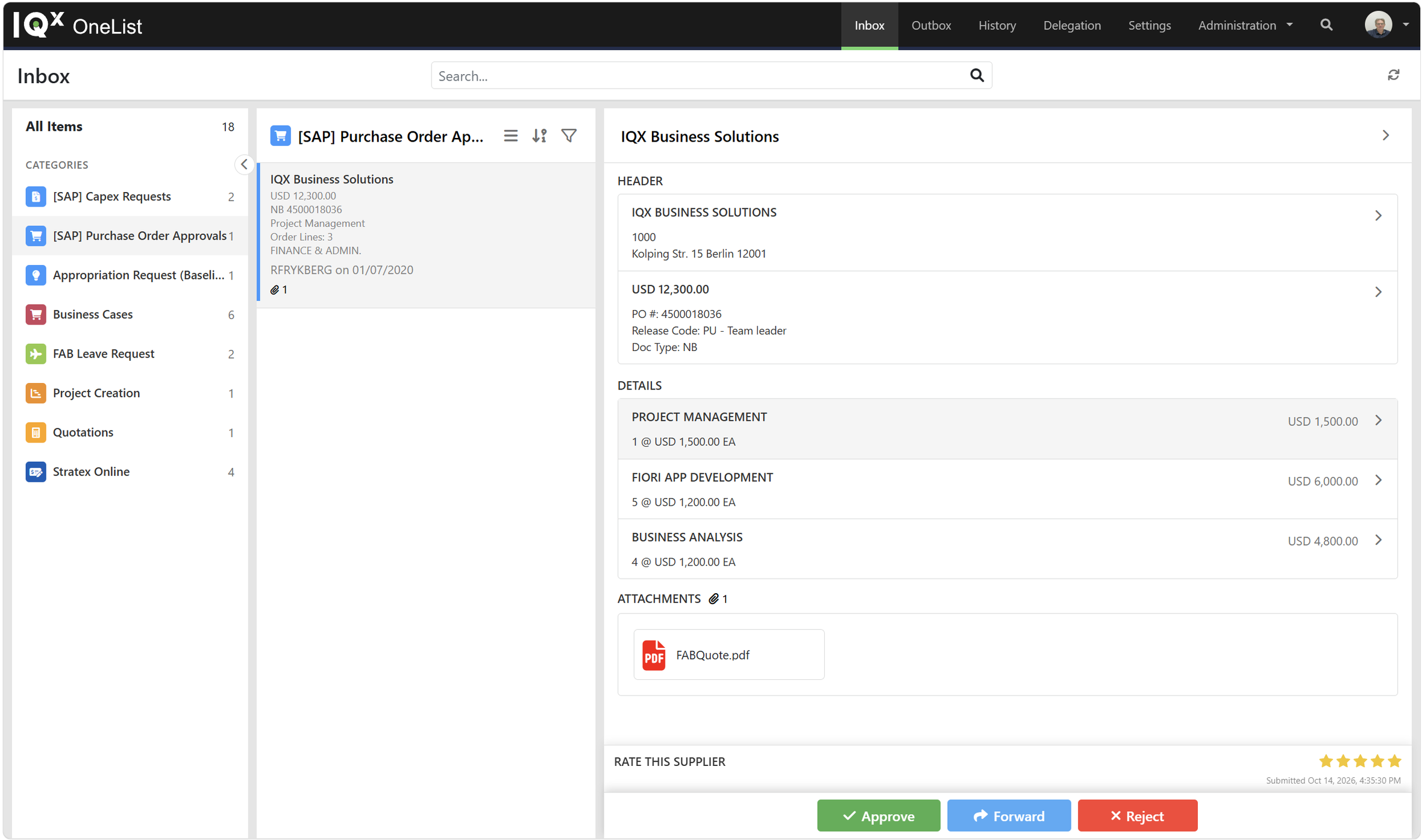 OneList web inbox showing an SAP purchase order approval from IQX Business Solutions for USD 12,300.00, with header details, three order lines, a quote attachment, a supplier rating and approve, forward and reject actions